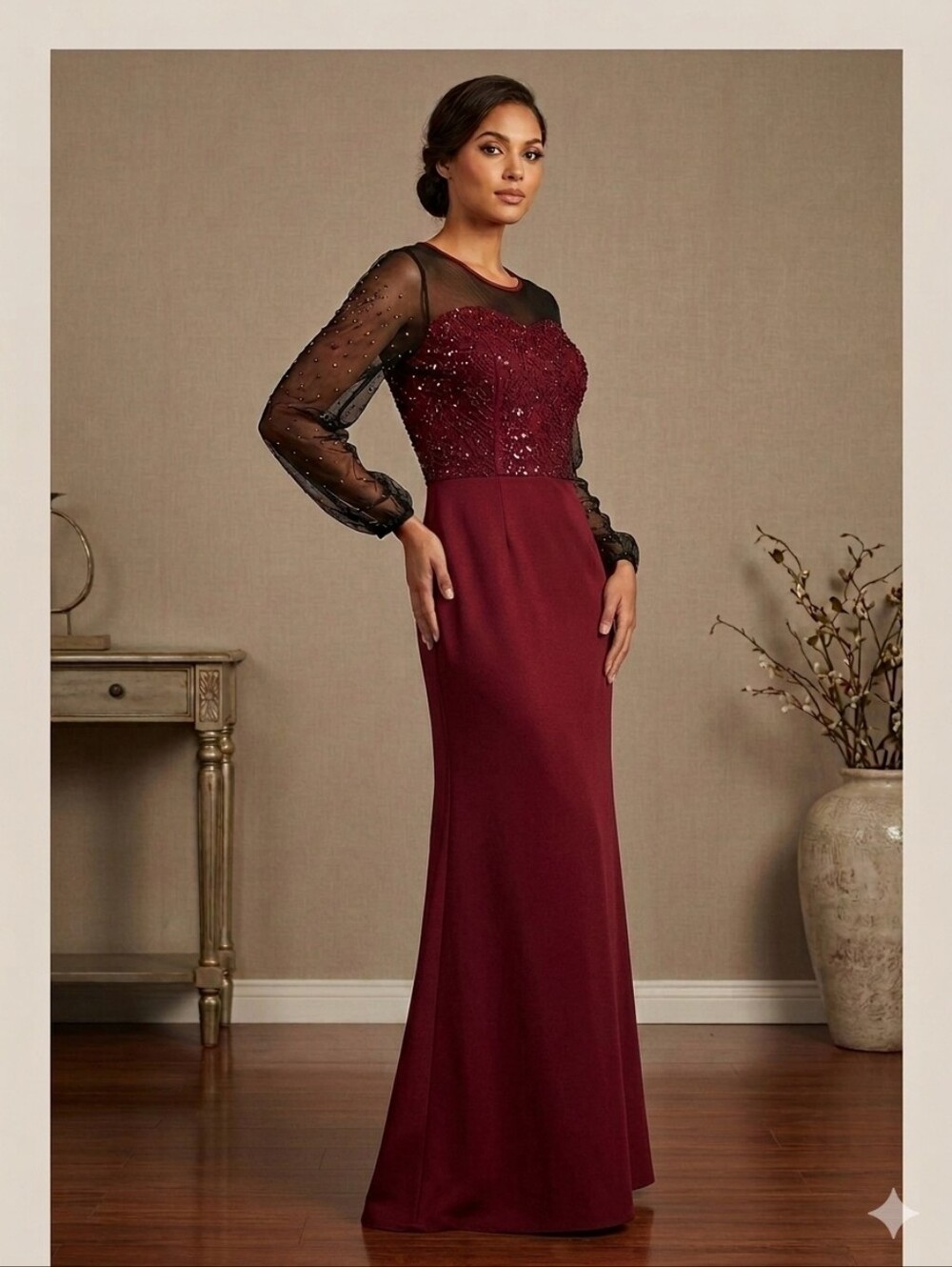 Red Black Formal Long Sleeve Pageant Wedding Guest Evening Gown Maxi Dress